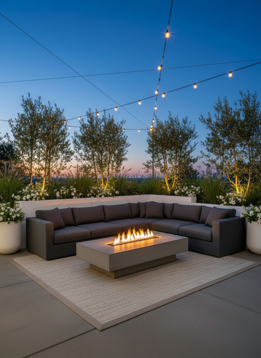 A twilight outdoor living room designed in California Transitional style, featuring a low, deep charcoal performance-linen sectional arranged around a rectangular concrete fire table with clean edges and softly glowing flames. The seating rests on a large, neutral outdoor flatweave rug over smooth poured concrete. Surrounding the space, raised white stucco planters overflow with layered grasses, olive trees, and soft white flowering plants, subtly uplit for drama. Warm string lights are barely visible above, creating a gentle sparkle in the background. Sky is dusk blue, with the last hint of daylight silhouetting the plant forms. Photographic realism, taken from a slightly elevated perspective to show the full seating arrangement and lush planting backdrop, capturing an intimate, inviting mood that blends modern elegance with relaxed California outdoor living.