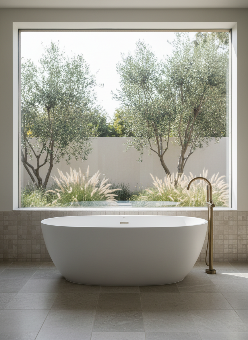 A serene, spa-like California Transitional primary bathroom featuring a freestanding matte white oval tub set in front of a large picture window framing a curated, private courtyard garden with olive trees and feather grass. The tub sits on honed limestone flooring in soft greige tones, with a slim ledge behind it clad in zellige-style ivory tiles. A brushed brass floor-mounted tub filler arcs elegantly beside the tub. Outside, a pale stucco privacy wall and layered drought-tolerant plantings create a tranquil vignette. Early morning diffused daylight floods the room, casting gentle, elongated shadows and subtle highlights on the tub’s curves. Photographic realism, clean and minimal composition with the tub centered and the garden softly in focus, cultivating a peaceful, elevated, spa-retreat atmosphere.