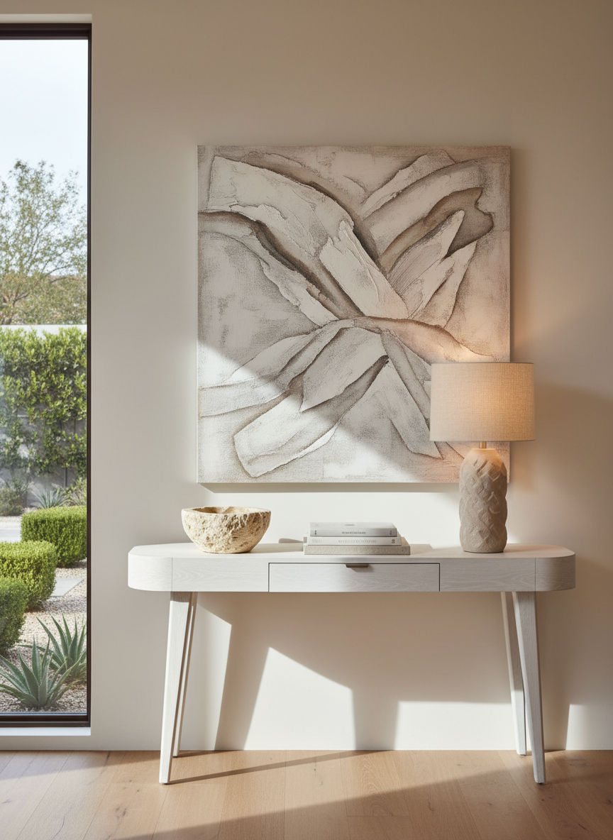 A refined California Transitional entry vignette showcasing a white oak console table with slim, tapered legs and a softly rounded edge, positioned against a smooth, warm white plaster wall. Above it hangs an oversized, abstract neutral-toned art piece with layered textures in ivory, taupe, and soft gray. On the console, a sculptural travertine bowl, a stack of linen-bound design books, and a single ceramic table lamp with a textured stone finish and a linen shade create a balanced composition. To one side, a tall, narrow window reveals a glimpse of structured, green front-yard landscaping with clipped shrubs and gravel. Soft, indirect natural light filters in, creating gentle shadows and emphasizing material textures. Photographic realism, eye-level composition using the rule of thirds, with a calm, sophisticated and welcoming atmosphere.