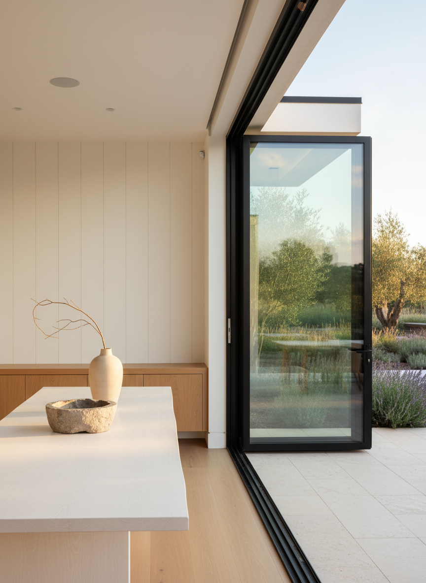 A seamless indoor-outdoor California Transitional great room where a white oak dining table with a refined, slightly live-edge top aligns perfectly with an outdoor dining terrace. The table is styled with a sculptural stone bowl and a single branch in a sand-colored ceramic vase. Inside, the backdrop includes a clean, paneled plaster wall and a built-in sideboard in warm white oak. Through expansive black-framed sliding doors, an exterior space with a light limestone patio and layered Mediterranean plantings appears slightly out of focus. Golden hour light washes through the glass, creating a warm glow on the wood grain and soft reflections on the glass. Photographic realism, wide-angle lens at eye level, balanced composition emphasizing flow between interior and landscape, evoking an effortless, sophisticated indoor-outdoor lifestyle.