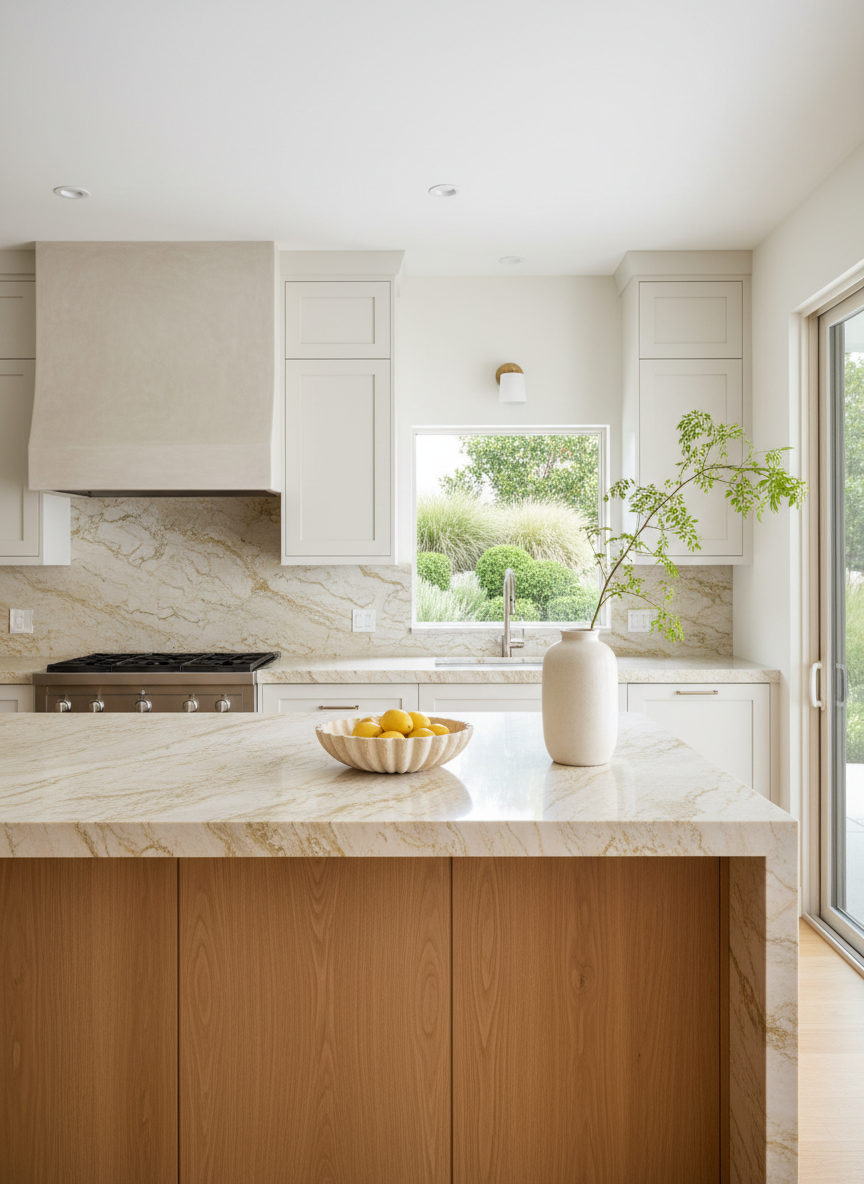 A sophisticated California Transitional kitchen with an oversized white oak island featuring a waterfall edge and a finely grained, honed Taj Mahal quartzite countertop. The island is styled with a shallow travertine bowl of lemons and a single, airy branch in a tall stoneware vase. Behind, a run of soft white shaker-style cabinetry with slim edge detailing is topped by the same quartzite, with a plaster hood floating above a sleek, stainless range. A discreet picture window above the sink reveals lush, layered landscaping with grasses and structured shrubs. Soft, bright natural daylight streams in from a nearby glass door, accentuating the warm wood and stone textures. Photographic realism, slightly elevated wide-angle shot, crisp focus throughout, with a calm, tailored atmosphere that feels both functional and luxurious.
