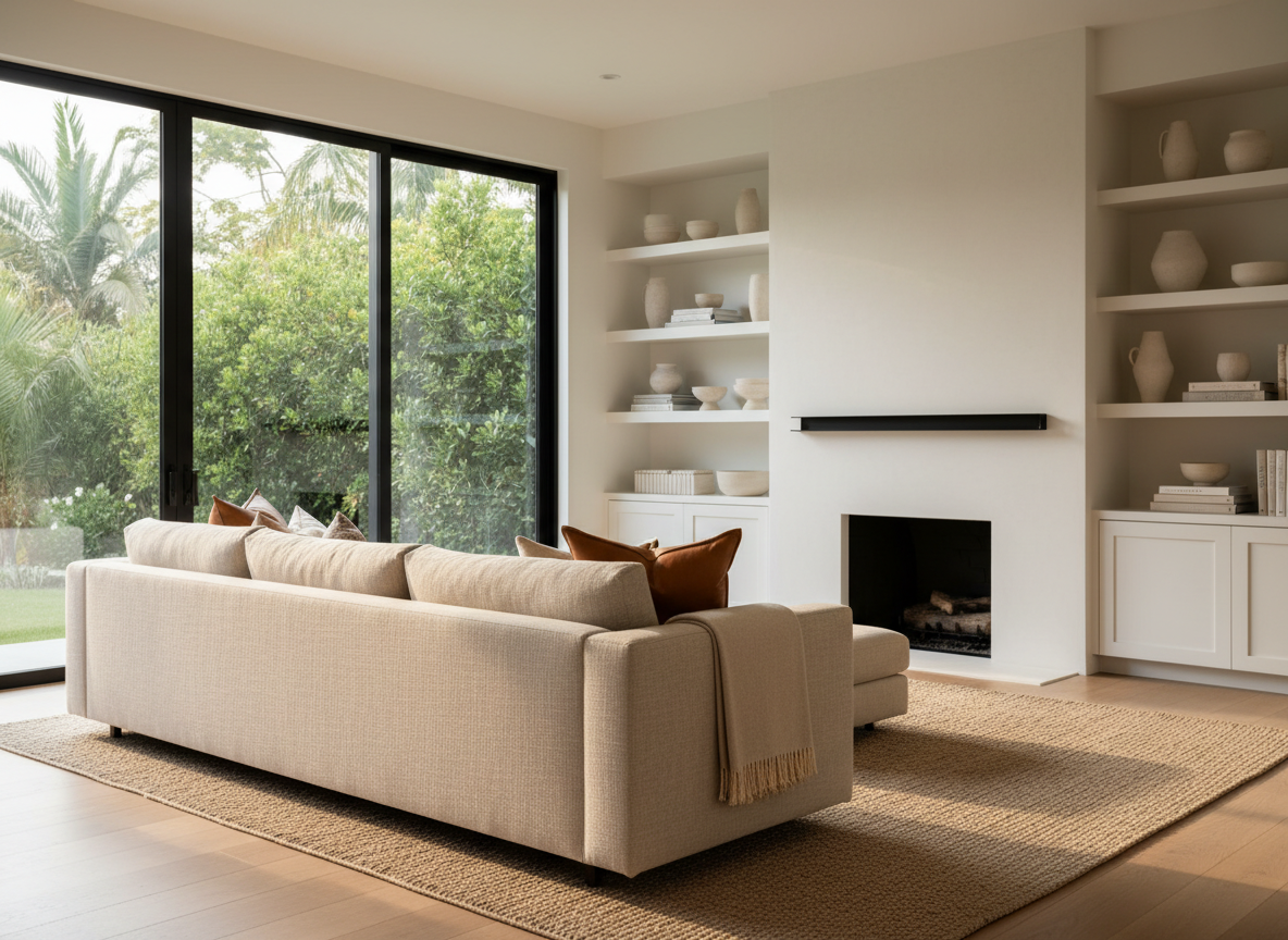 A sunlit California Transitional living room featuring a low, tailored oatmeal-linen sectional with clean lines, accented by cognac leather pillows and a sand-colored wool throw. The sofa faces a minimalist plaster fireplace with a slim black steel mantel, flanked by white oak built-ins styled with ceramics and stacked design books. Wide-plank natural oak floors run under a flatweave jute rug. Floor-to-ceiling black-framed glass doors open to a blurred hint of lush greenery outside. Soft late-afternoon natural light pours in, creating gentle highlights on the linen and subtle shadows along the cabinetry. Photographic realism, eye-level composition with a slight angle, sharp focus on the seating area and a softly softened background, capturing a calm, elevated yet welcoming mood suited for high-end interior design.