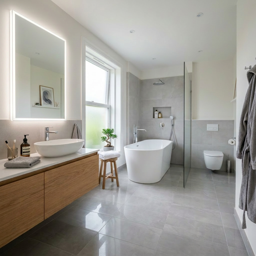 Modern bathroom with freestanding bathtub, illuminated mirror, wooden vanity, and gray tiles