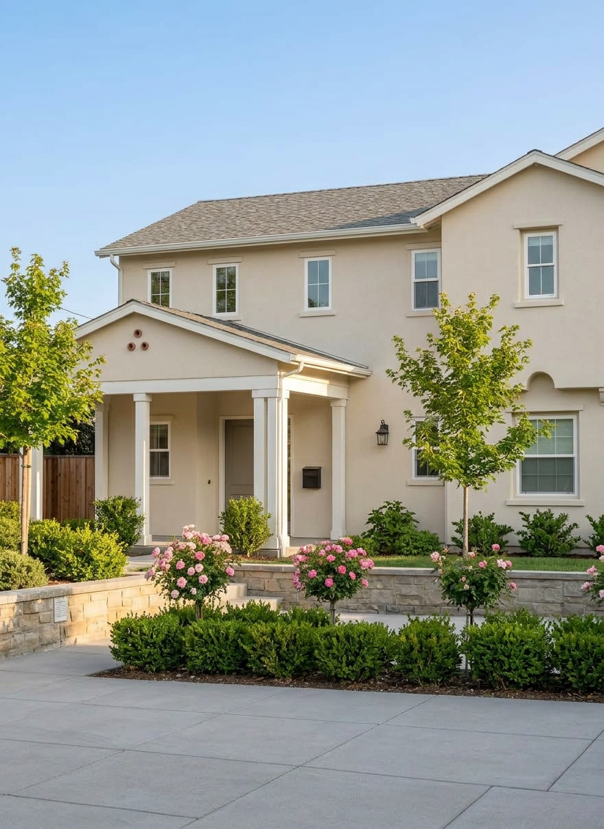 A twilight outdoor living room designed in California Transitional style, featuring a low, deep charcoal performance-linen sectional arranged around a rectangular concrete fire table with clean edges and softly glowing flames. The seating rests on a large, neutral outdoor flatweave rug over smooth poured concrete. Surrounding the space, raised white stucco planters overflow with layered grasses, olive trees, and soft white flowering plants, subtly uplit for drama. Warm string lights are barely visible above, creating a gentle sparkle in the background. Sky is dusk blue, with the last hint of daylight silhouetting the plant forms. Photographic realism, taken from a slightly elevated perspective to show the full seating arrangement and lush planting backdrop, capturing an intimate, inviting mood that blends modern elegance with relaxed California outdoor living.